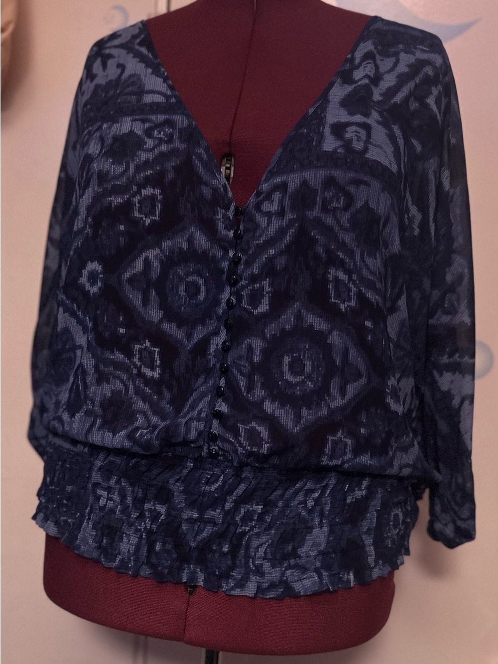 Y2K Route 66 V-Neck Boho Printed Navy Blue Women's Blouse